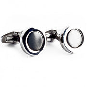 Boutons de manchette onyx, rond plat argenté